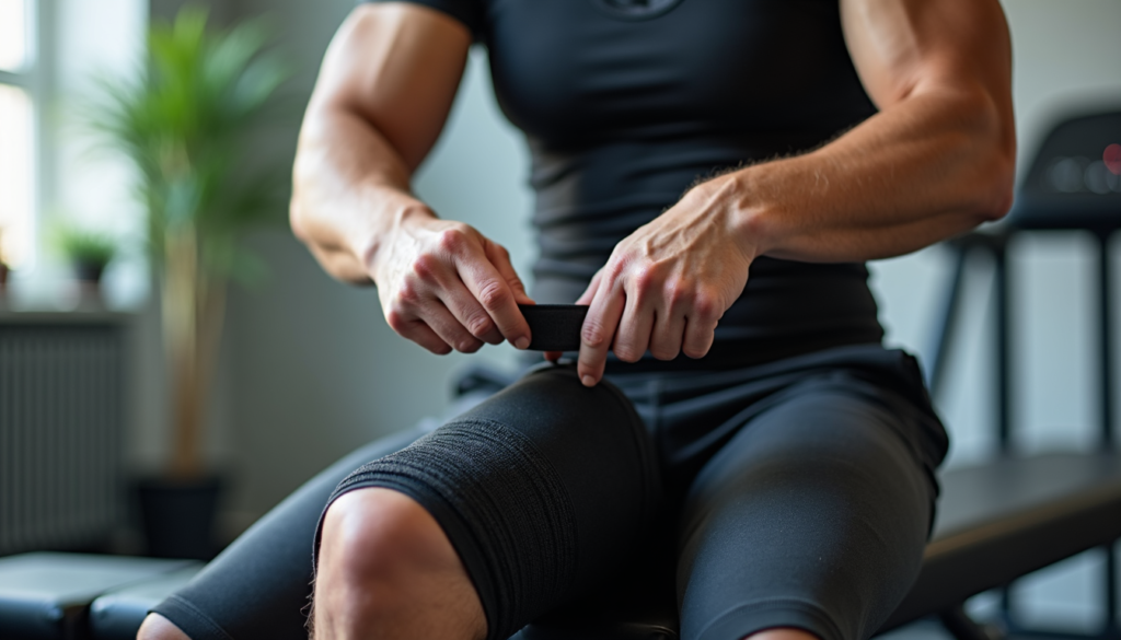 Athlete wrapping an elastic compression bandage around their thigh on a gym bench.