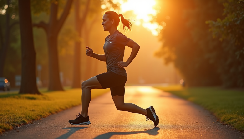 Runner doing dynamic warm-up lunges on a park path at sunrise.
